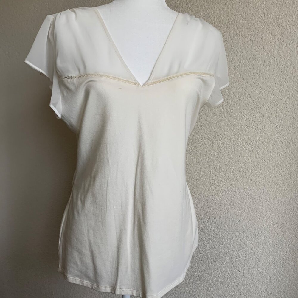 EXPRESS V-Neck Gathered Chiffon Sheer Flutter Sleeve Top Ivory Large NWT - Picture 2 of 6
